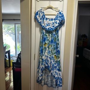 Flying Tomato Floral Blue and Green Off-Shoulder Dress L